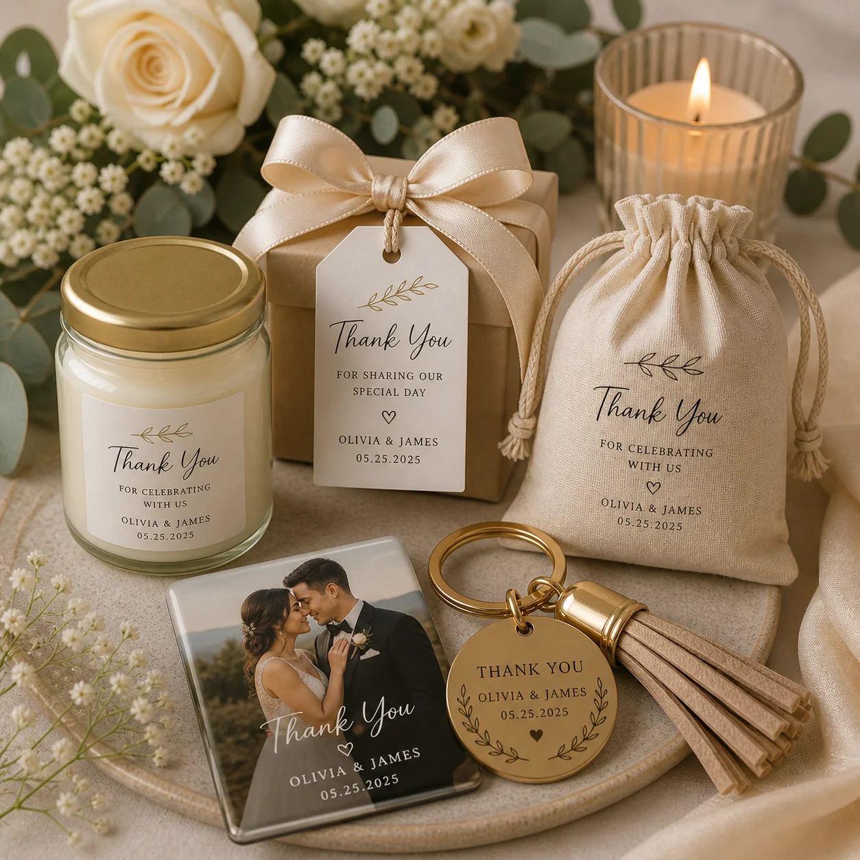 Wedding event favors displayed on a table
