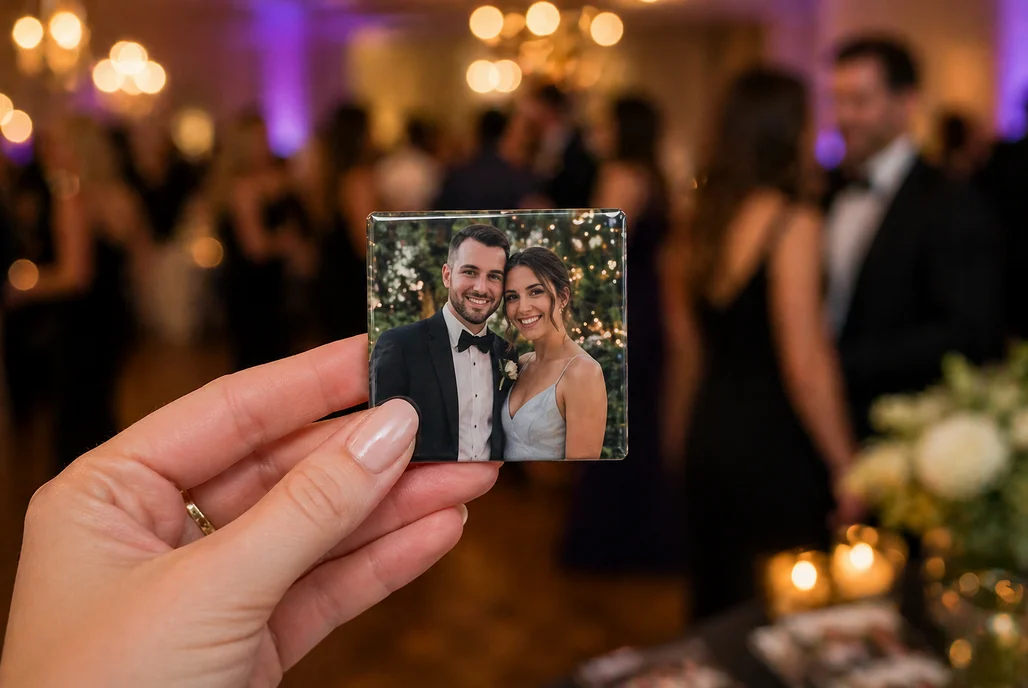 Couple holding a custom wedding photo magnet at their Orlando reception